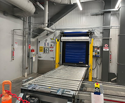 A conveyor belt in a warehouse